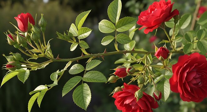 Vibrant red roses and developing buds on a thorny stem with fresh green leaves captured in a sunlit garden. Rosenranke - Powered by Adobe