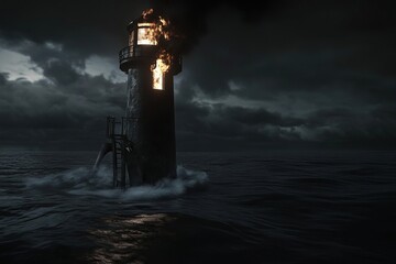 Lighthouse engulfed in flames amidst a stormy sea, a beacon of light threatened by darkness and chaos.