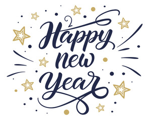 The text is executed in a flowing, brush-style script in dark blue/navy. It is surrounded by decorative elements in dark blue and gold/light beige, including: