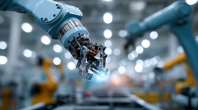 Robotic arm with metallic gripper and wires in factory industrial robot automation - Powered by Adobe