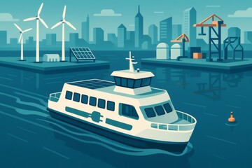 Obraz premium Electric ferry sailing past wind turbines and solar panels in a modern city harbor, symbolizing urban sustainable transport