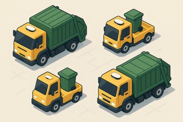 Isometric illustration of self driving garbage trucks and bin collectors for modern urban recycling and waste disposal