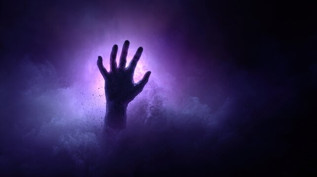 Mystic Reach: An outstretched hand, shrouded in an ethereal, vibrant purple, reaching out of darkness. The image evokes mystery and the unknown, inviting contemplation. - Powered by Adobe