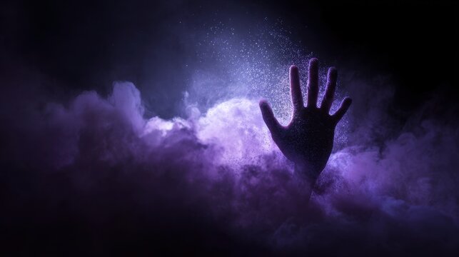 Reaching Into the Unknown: A solitary hand emerges from a swirling, ethereal cloud of violet mist, symbolizing curiosity and exploration into the unknown.