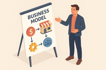 Businessman presenting a revenue, operations, and customer acquisition business model on a whiteboard easel, illustrating strategy