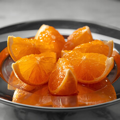 Juicy Orange Segments on Reflective Silver Platter