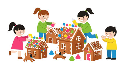 Building Sweet Dreams: Four cheerful children collaborate on building gingerbread houses, filling the air with the festive cheer of the season.