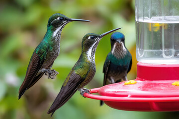 Fototapeta premium Colorful hummingbirds feeding at a nectar dispenser in a lush garden