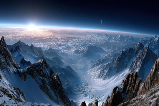Sunrise over snowy alien mountain range and crescent moon - Powered by Adobe