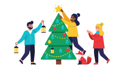 Christmas Tree Decorating: Friends gather in a cozy, animated scene, decorating a Christmas tree with a festive star and ornaments, and lanterns, embodying the spirit of unity and holiday joy.