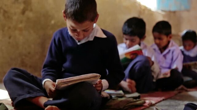 Raw footage of Indian village school boy reading textbook while sitting on classroom floor with other students inside rural government school in India.