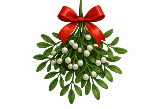 Mistletoe bunch with white berries and red ribbon, a symbol of christmas and holiday tradition, transparent background