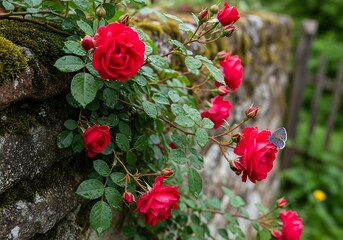 Vibrant red garden roses with glistening dewdrops on petals and leaves, a delicate blue butterfly resting peacefully on a bloom. Rosenranke