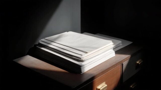 Stacked Blank Sheets of Paper on a Wooden Drawer in an Elegant Dark Room with Soft Natural Lighting Creating a Serene Psychological Atmosphere