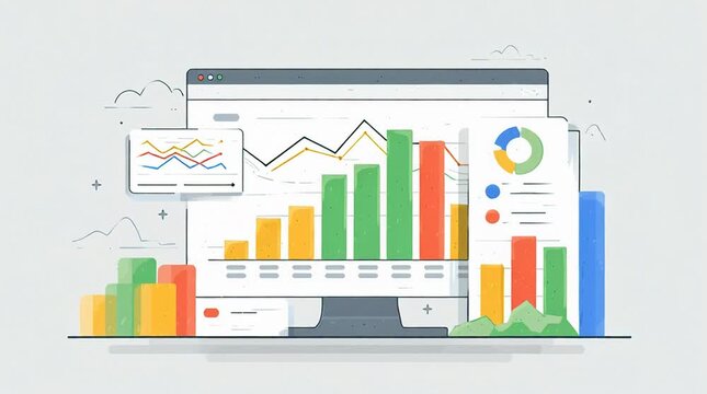 Dynamic data analysis and presentation showing business growth with line chart and bar graphs in a modern design style - Powered by Adobe