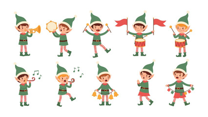 Christmas Elf Musical Performance: A cheerful band of elves dressed in green outfits and hats merrily plays various musical instruments.