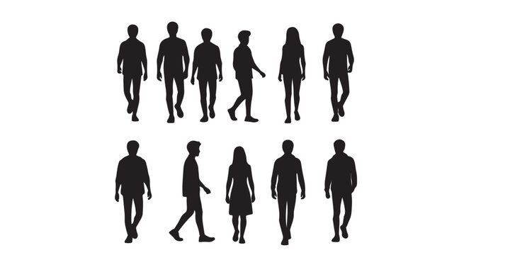 Man, woman, girl and couple walking with backpacks, family, back view, cartoon characters, people silhouettes, vacation clothes. Flat icon design, vector isolated on white, different nationalities