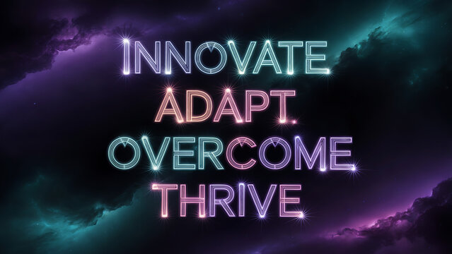 motivational constellation words innovate adapt overcome thrive on cosmic nebula background