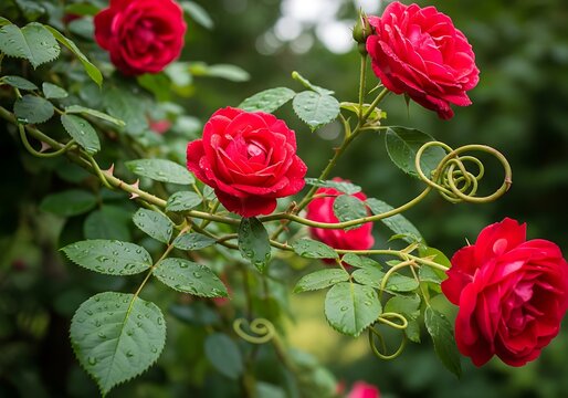 Vibrant red roses with glistening water droplets on fresh green leaves and thorny stems in a lush garden. Rosenranke