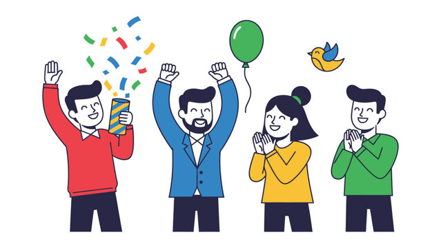 Celebration of Joyful Moments: The image depicts four figures in a festive celebration, embodying happiness with vibrant confetti, a buoyant balloon, and the symbol of joy.