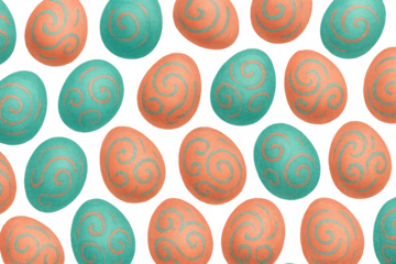 Easter eggs pattern with vibrant orange and teal colors, decorative swirls, spring holiday celebration motif, transparent background