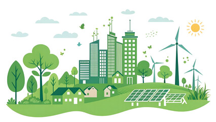 Naklejka premium Sustainable Green City Landscape with Renewable Energy Solar Panels, Wind Turbines, and Eco-Friendly Buildings