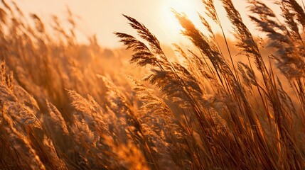 Golden wheat field at sunset warm light illuminating the crops creating a serene and peaceful rural landscape