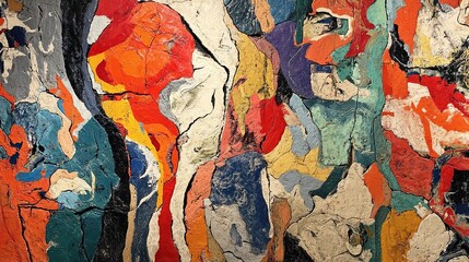 Vibrant abstract art featuring fractured shapes and a dynamic color palette, creating a textured appearance.