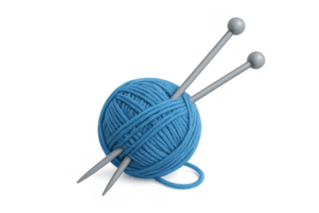 Blue yarn ball with knitting needles, representing craft, hobby, and handmade leisure activity with wool