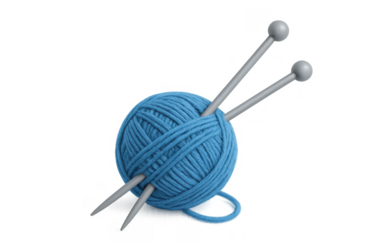 Blue yarn ball with knitting needles, representing craft, hobby, and handmade leisure activity with wool
