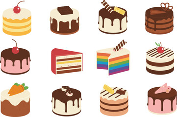 Colorful assorted cake illustrations, chocolate desserts, layered sweets, cartoon pastry icons, bakery treats, dessert collection for design, decoration, and branding
