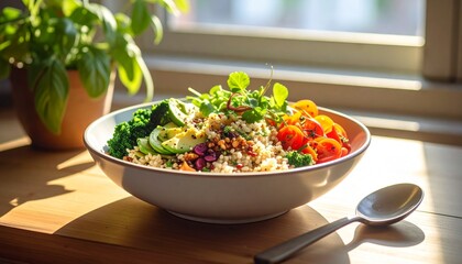 A nourishing bowl arranged with grains, vegetables, herbs and warm sunlight creating a fresh balanced food moment.