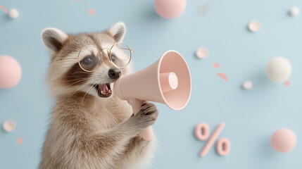 Funny raccoon in glasses shouting into megaphone with pastel background