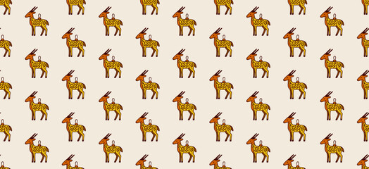 Seamless pattern of stylized deer illustrations in warm tones, arranged in a repeating design on a light beige background, ideal for textiles, decor, or themed graphics.