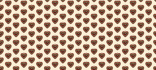 Seamless pattern of vibrant beaded heart ornaments arranged in a repeating design on a soft beige background, perfect for festive or decorative uses.