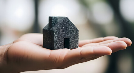 Hand Holding Small Black House Model - Real Estate and Home Insurance Concept