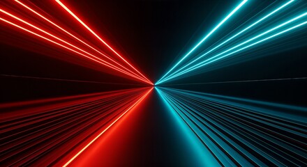 Fototapeta premium Dynamic red and blue neon lights converging in a futuristic tunnel, perfect for modern tech backgrounds and vibrant digital designs that grab attention