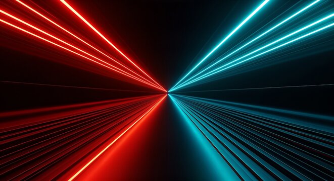 Dynamic red and blue neon lights converging in a futuristic tunnel, perfect for modern tech backgrounds and vibrant digital designs that grab attention