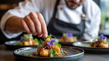 Chef carefully garnishing gourmet dish with edible flowers in fine dining restaurant