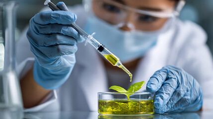 Scientist carefully applying liquid to plant in petri dish laboratory research
