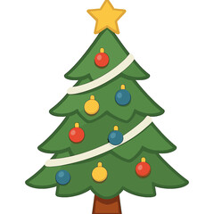 Festive Decorated Christmas Tree. Decorated Christmas tree stands tall, adorned with colorful baubles and a glowing star on top. Green triangular layers form the. Vector illustration