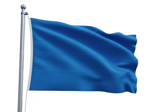 Blue flag waving on metal pole in transparent background
