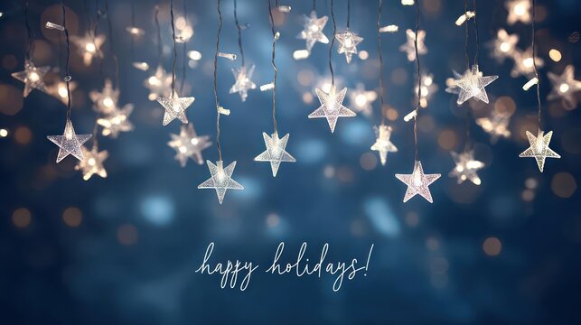 Sparkling star shaped bokeh lights twinkling in a dark blue background with a happy holidays message - Powered by Adobe