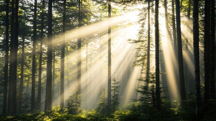 Sunlight filters through the trees, casting a warm glow on the forest floor.