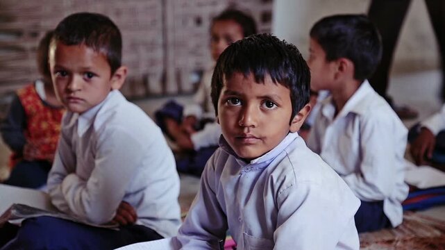 Raw footage of Indian village school children sitting on classroom floor and looking at camera during study session inside rural government school in India.
