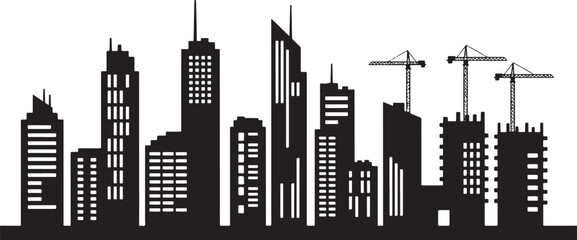 Fototapeta premium Black Silhouette of a City Skyline with Construction Cranes Keywords: city, skyline, silhouette