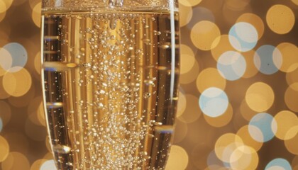 Close view of sparkling wine rising in a flute with soft golden bokeh symbolizing festive cheer luxury and end of year celebration