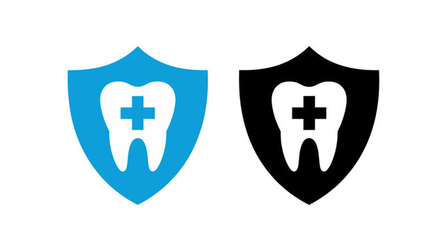 Dental protection shield icon in blue and black, symbolizing oral health, care, and medical dentistry, isolated on