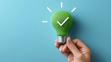 Green light bulb with checkmark for eco-friendly and smart ideas