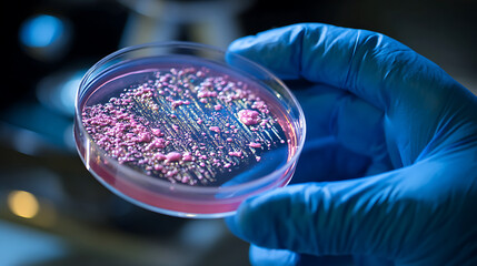 Scientist holding petri dish with pink bacterial colonies hand blue glove